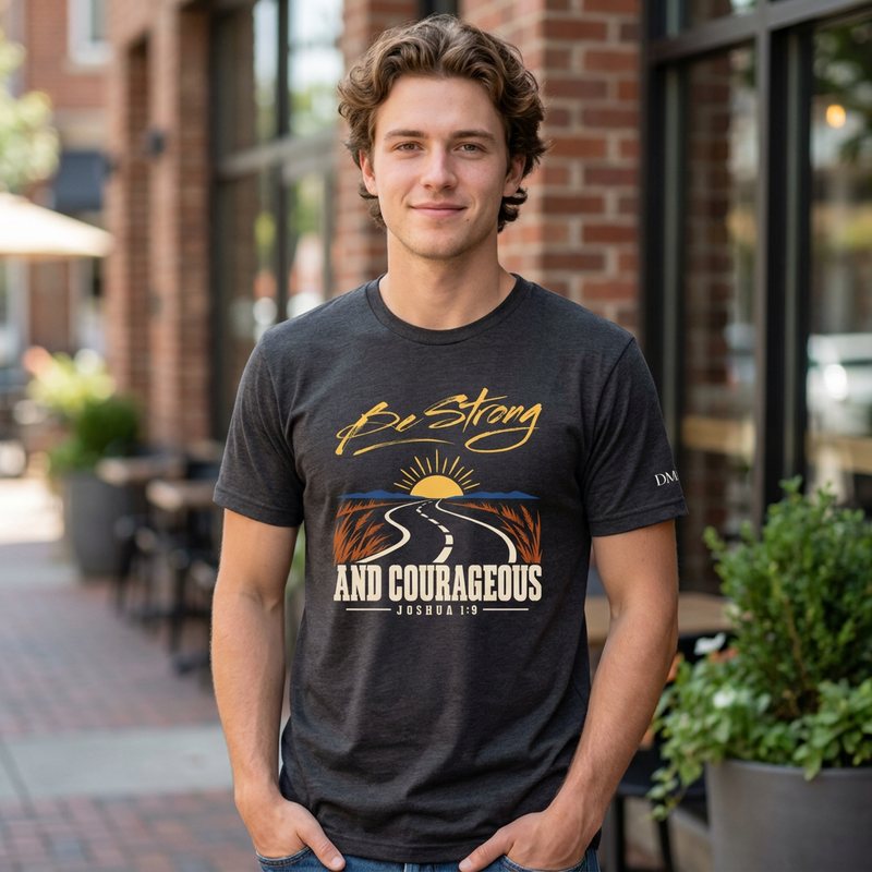 Man wearing the Be Strong and Courageous T-shirt, Joshua 1:9